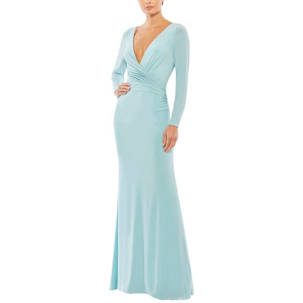 Mac Duggal Womens  Faux Wrap Long Sleeve Column Gown